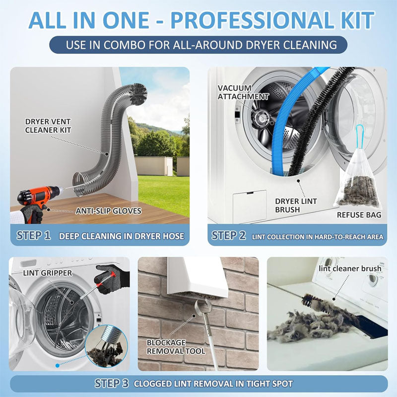 BowLift | 16-Piece  40 FEET Or 30 FEET Dryer Vent Cleaner Kitwith Dryer Vent Brush  Vacuum Cleaner Hose Attachment Flexible Lint Trap Brush Vacuum & Dryer Adapters