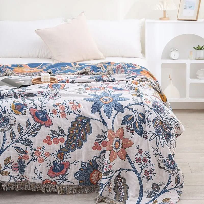 BowLift | Rustic cotton blanket with floral pattern, reversible design