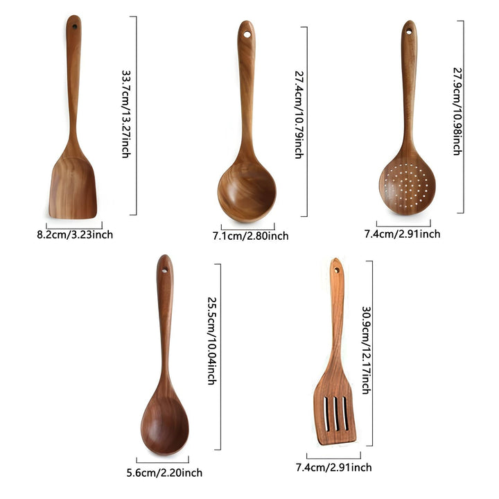 Luxury 5-Piece Kitchen Utensil Set Made of Natural Teak Wood – Heat Resistant and Scratch Free | Bowlift