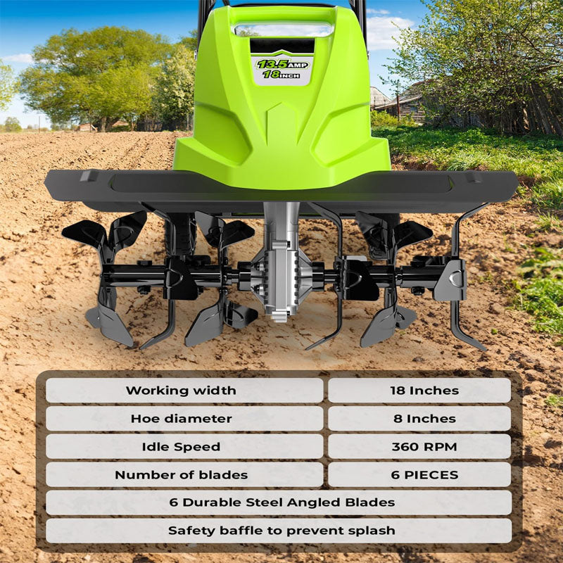 BowLift | 18-Inch 13.5 Amp Cultivator with 6 Steel Tines 3-Adjustable Wheels Foldable Handle 8'' Tilling Depth Electric Corded Tillers