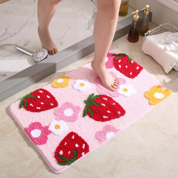 Cute Strawberry Motif Bath Rug – Non-Slip and Washable, Decorative Rug for Bathroom and Children's Room | Bowlift