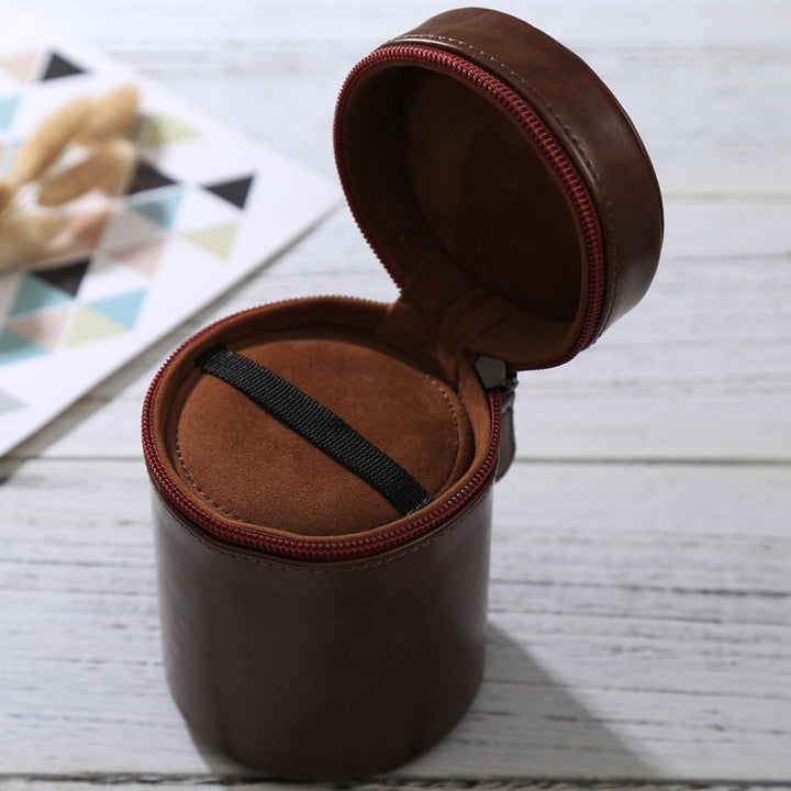 BowLift | Medium lens case with zipper made of PU leather for DSLR camera lens, size: 13x9x9cm (Coffee)