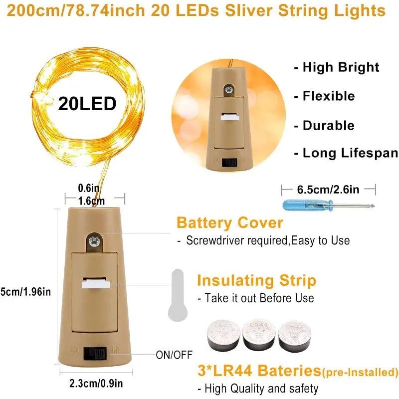 BowLift | DIY Bottle Light with Cork – 20 LED Light Chain for Bottles in Warm White