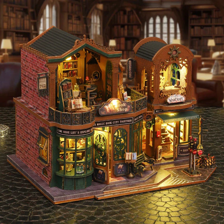 BowLift | DIY Houten Poppenhuis met Boekhandel – Creatieve Miniatuurset met Meubels en Accessoires