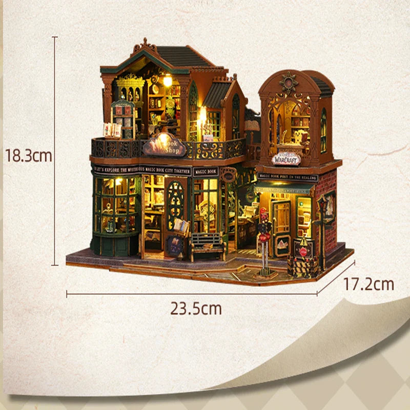 BowLift | DIY Houten Poppenhuis met Boekhandel – Creatieve Miniatuurset met Meubels en Accessoires