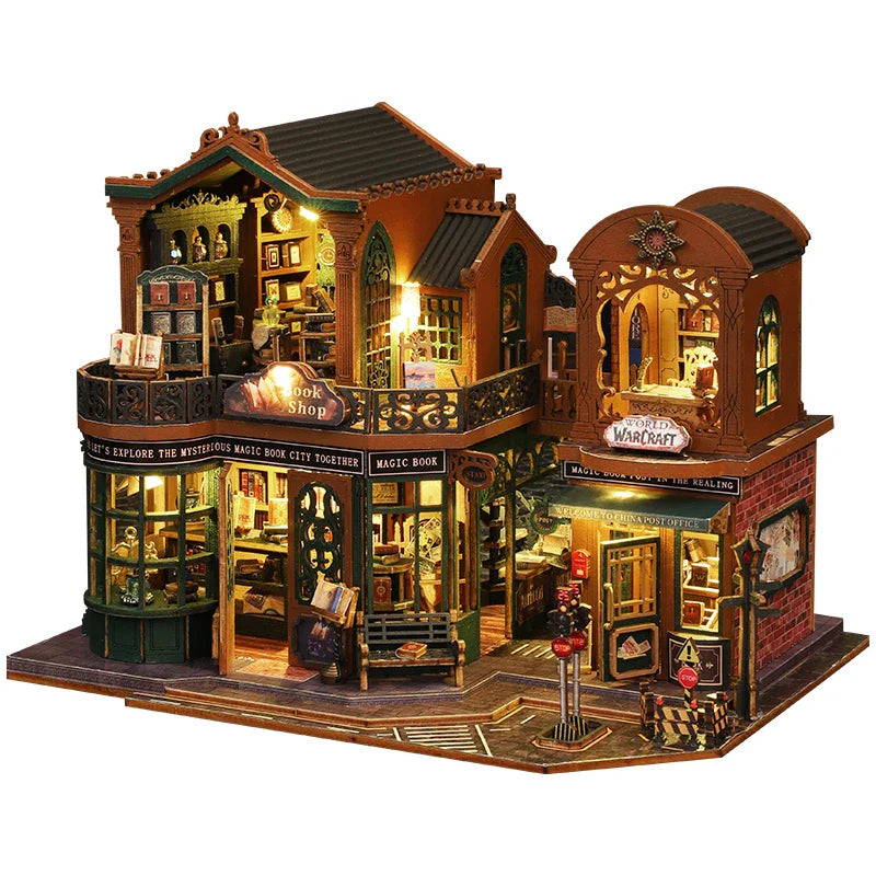 BowLift | DIY Houten Poppenhuis met Boekhandel – Creatieve Miniatuurset met Meubels en Accessoires