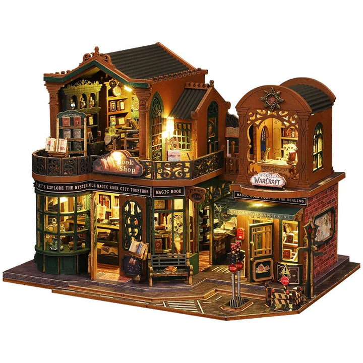 BowLift | DIY Houten Poppenhuis met Boekhandel – Creatieve Miniatuurset met Meubels en Accessoires