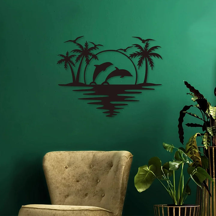 Dolphin Sunset Tropical Palm Trees Iron Art Wall Art 3D Metal Sculptured Wall Decoration For Living Room Dining Room Creative Contemporary Nordic Home Decor | Bowlift