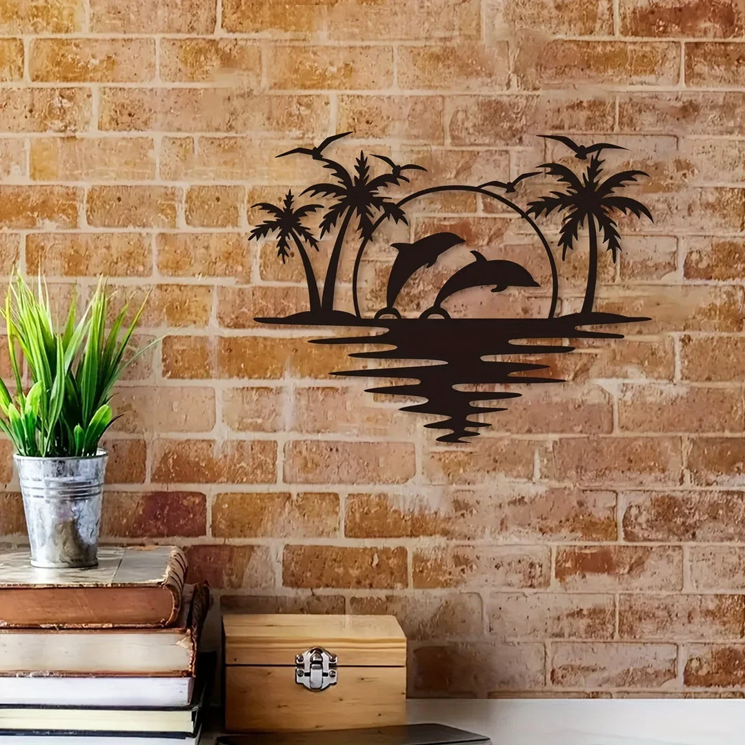 Dolphin Sunset Tropical Palm Trees Iron Art Wall Art 3D Metal Sculptured Wall Decoration For Living Room Dining Room Creative Contemporary Nordic Home Decor | Bowlift