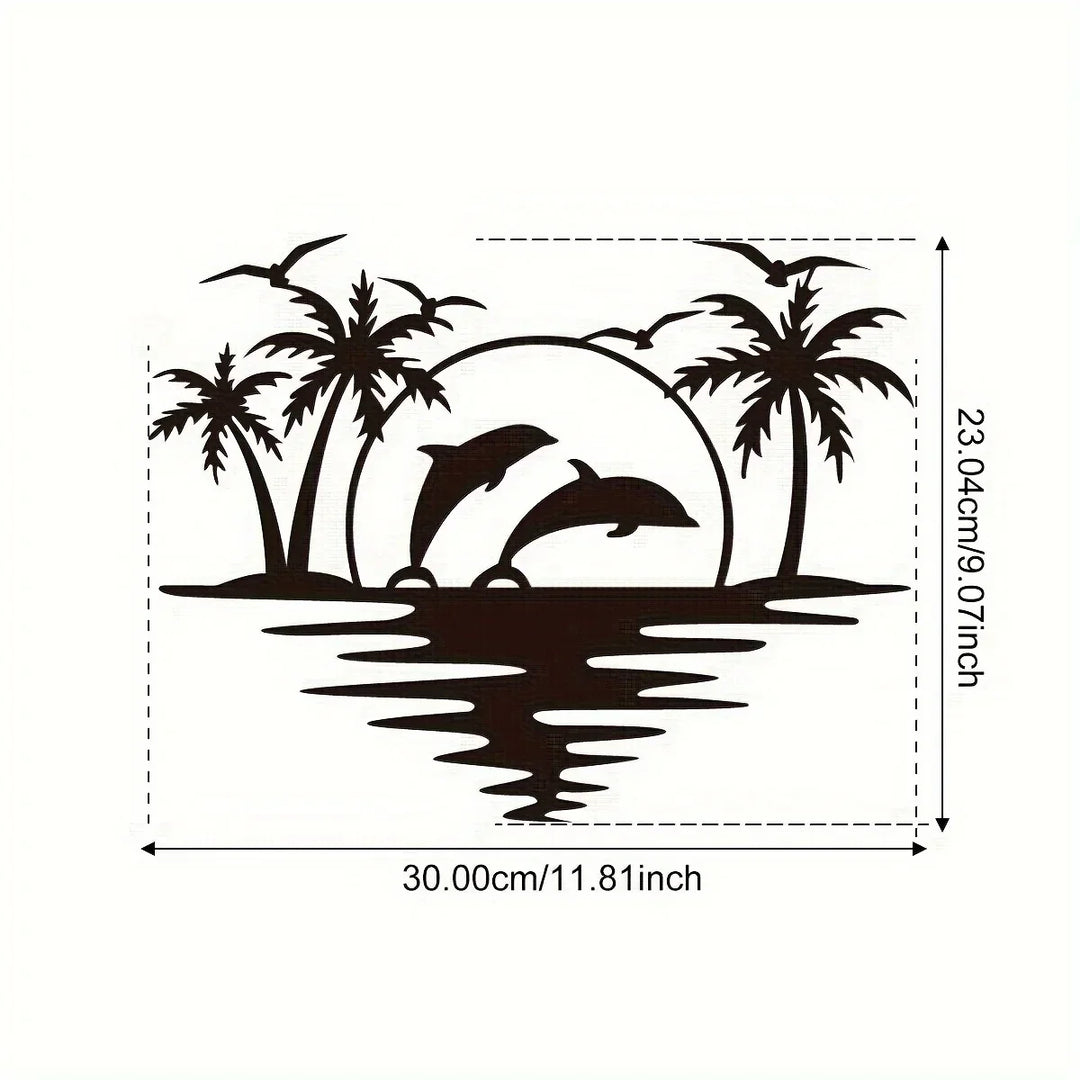 Dolphin Sunset Tropical Palm Trees Iron Art Wall Art 3D Metal Sculptured Wall Decoration For Living Room Dining Room Creative Contemporary Nordic Home Decor | Bowlift