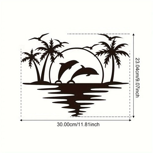Dolphin Sunset Tropical Palm Trees Iron Art Wall Art 3D Metal Sculptured Wall Decoration For Living Room Dining Room Creative Contemporary Nordic Home Decor | Bowlift