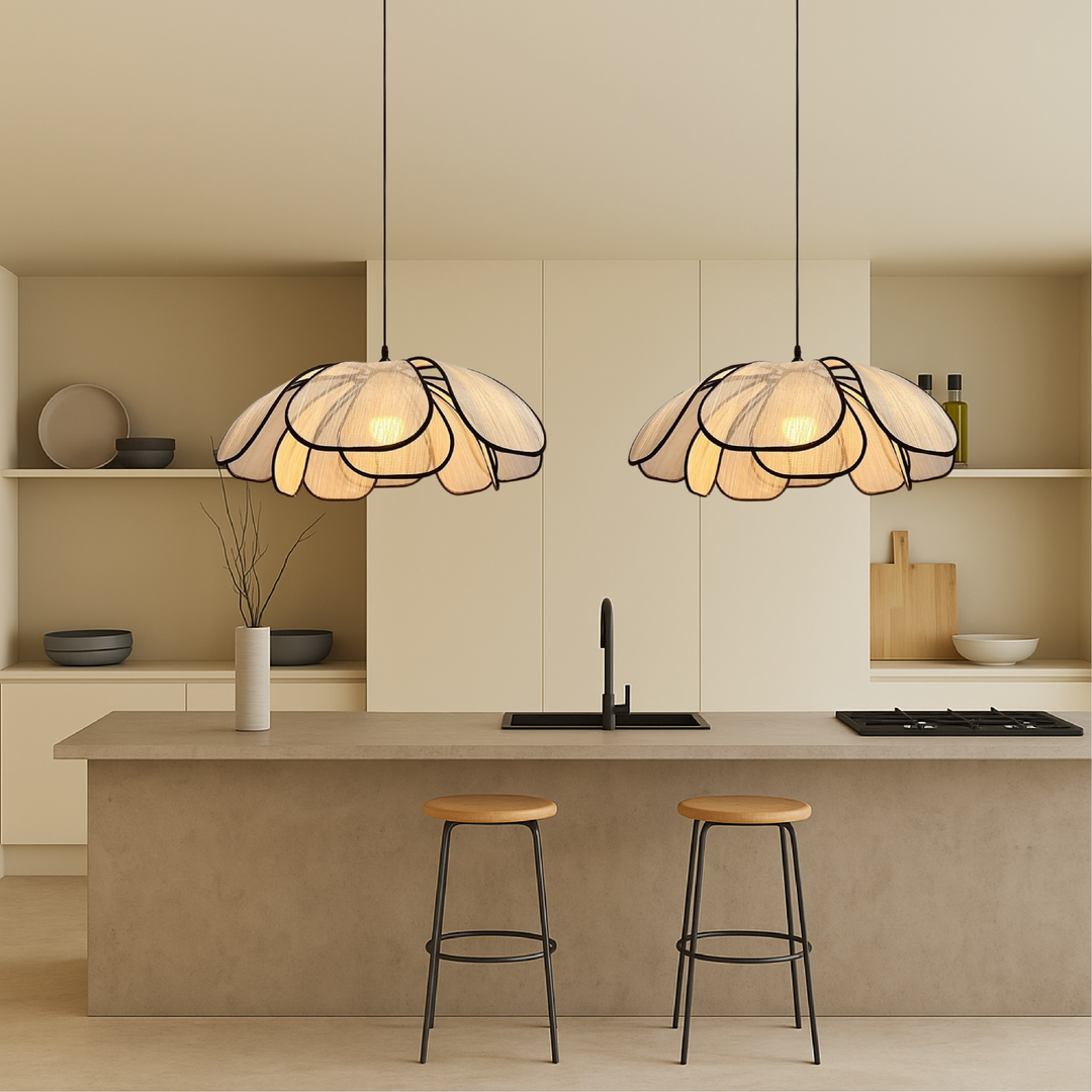 BowLift | Wooden Hanging Lamp with Flower Pattern – Adjustable Height, Living Room Lamp, LED, Perfect Above the Table