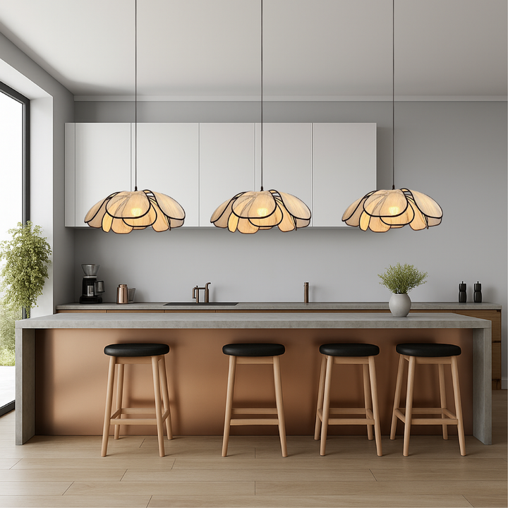BowLift | Wooden Hanging Lamp with Flower Pattern – Adjustable Height, Living Room Lamp, LED, Perfect Above the Table