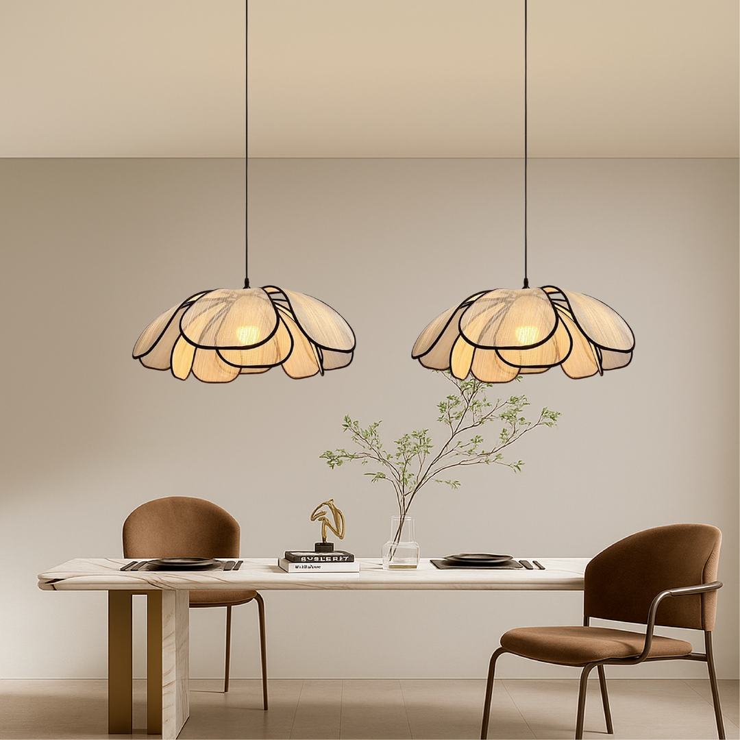 BowLift | Wooden Hanging Lamp with Flower Pattern – Adjustable Height, Living Room Lamp, LED, Perfect Above the Table