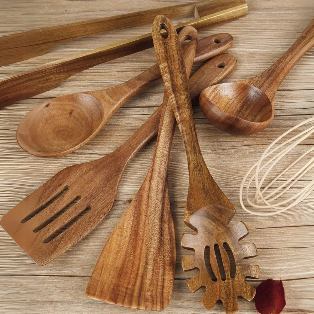 BowLift | Teak wood kitchen utensil set – 7-piece set with non-stick coating