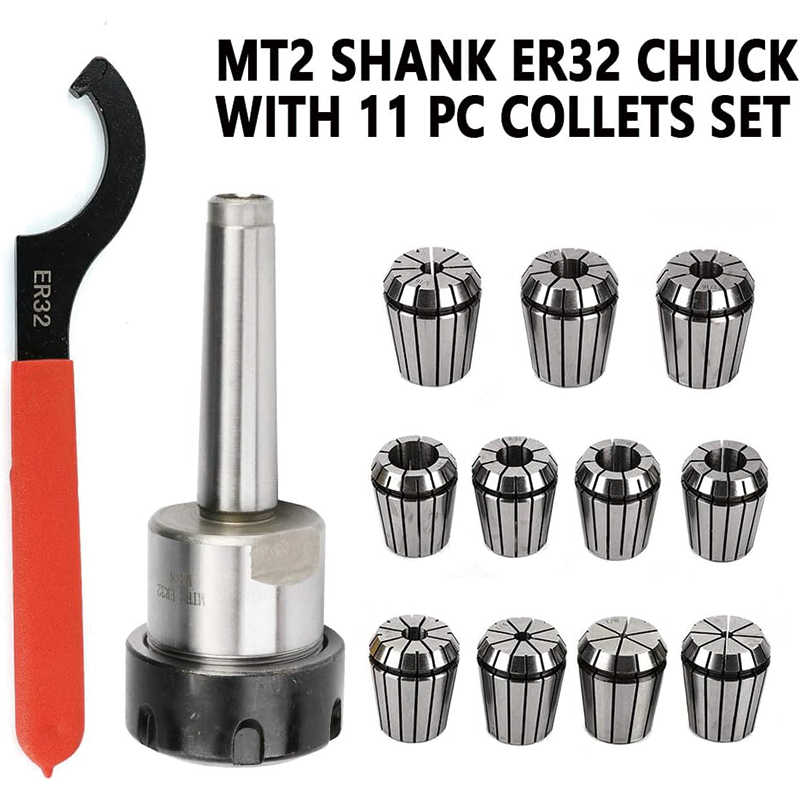 BowLift | ER32 Collet Set, Lathe Chuck Tool with 11 PCS ER32 Collets, 1PCS MT2 Bridgeport Shank Holder & 1 PCS Wrench