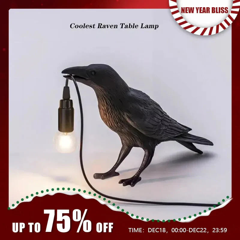 BowLift | E14-Bulb with Plug Gothic Raven Lamp Vintage Resin Bird Lamp for Nightstand, Office, Living Room Farmhouse Art Deco Style