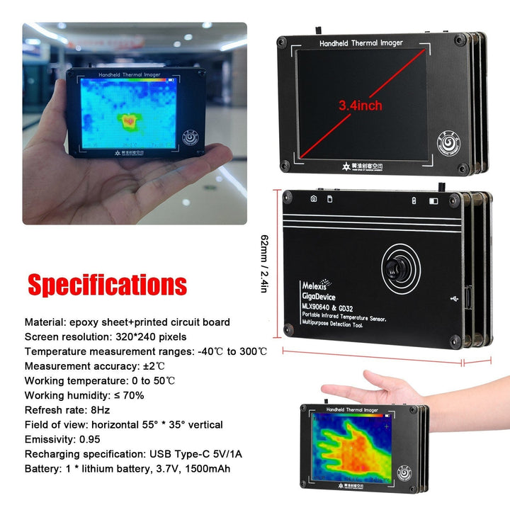 Portable Infrared Thermal Imaging Camera -40~300℃, 3.4 Inch LCD Display, portable digital thermal camera with temperature sensors