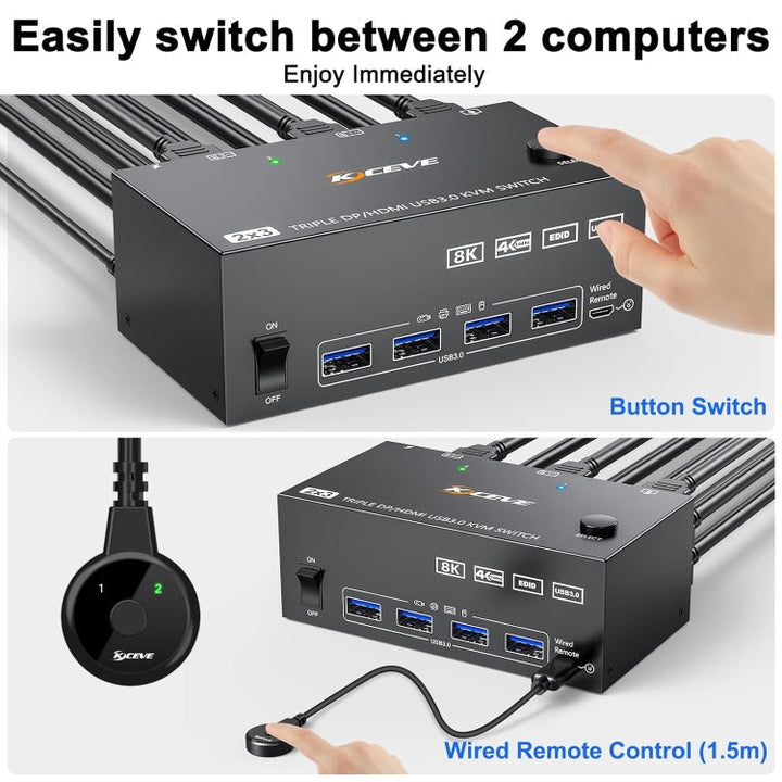 BowLift | KC-KVM203DH 8K 30Hz USB3.0 DP+DP+HDMI Triple Monitors KVM Switch, EU Plug