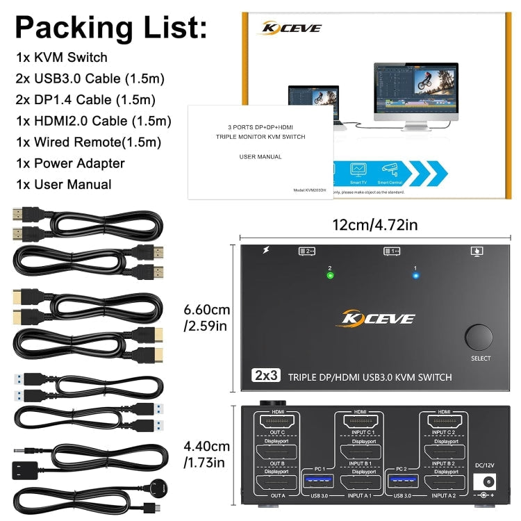 BowLift | KC-KVM203DH 8K 30Hz USB3.0 DP+DP+HDMI Triple Monitors KVM Switch, EU Plug