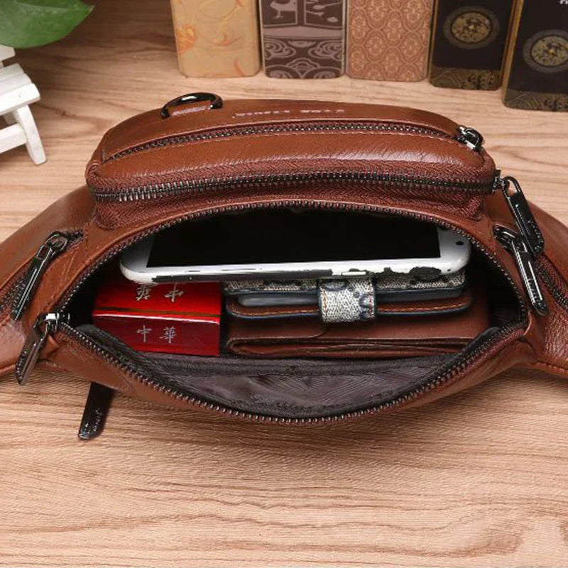 BowLift | Genuine Cowhide Leather Waist Bag for Men – Large Capacity Fanny Pack, Belt & Crossbody Travel Bag