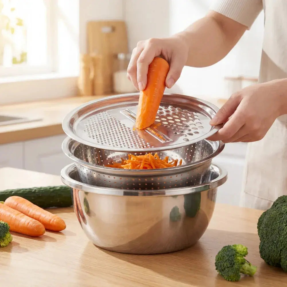 3-in-1 Mixing Bowl Set Stainless Steel with Grater and Sieve | Bowlift