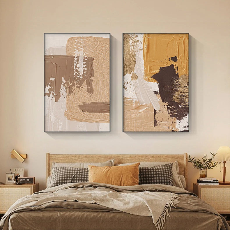 Elegant Earth Tones Abstract Brush Texture Wall Art Fine Art Canvas Prints Triple Harmony of Mustard Yellow, Brown, and Beige – Contemporary Wall Art for Modern Home Decor | Bowlift