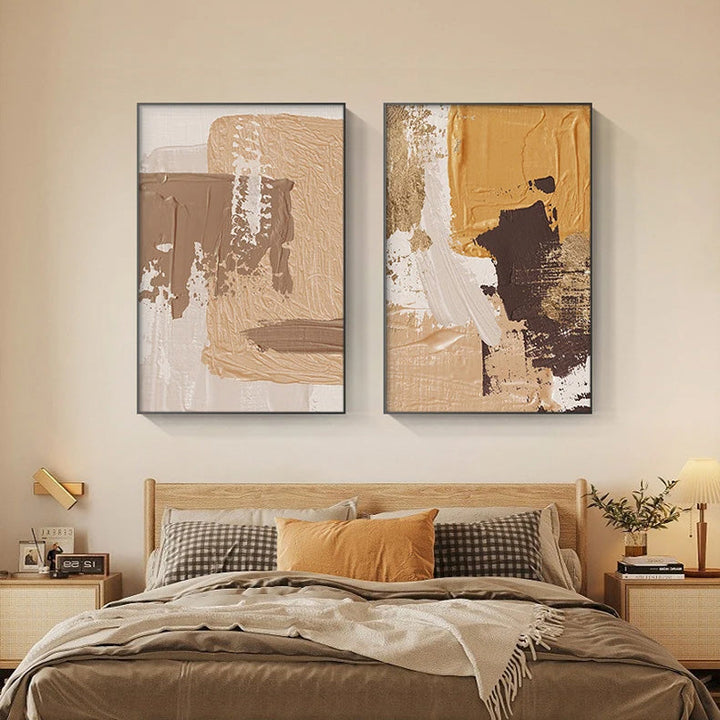 Elegant Earth Tones Abstract Brush Texture Wall Art Fine Art Canvas Prints Triple Harmony of Mustard Yellow, Brown, and Beige – Contemporary Wall Art for Modern Home Decor | Bowlift