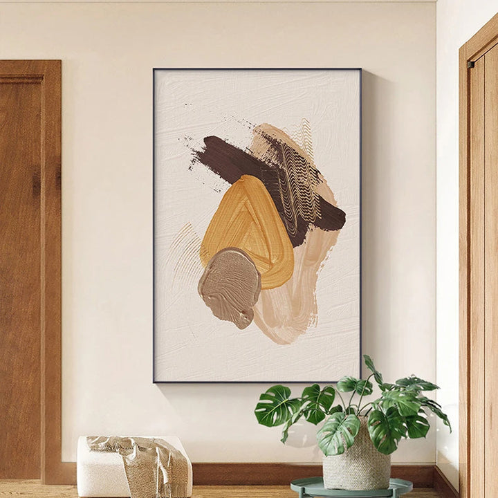 Elegant Earth Tones Abstract Brush Texture Wall Art Fine Art Canvas Prints Triple Harmony of Mustard Yellow, Brown, and Beige – Contemporary Wall Art for Modern Home Decor | Bowlift