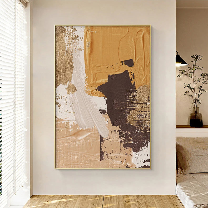 Elegant Earth Tones Abstract Brush Texture Wall Art Fine Art Canvas Prints Triple Harmony of Mustard Yellow, Brown, and Beige – Contemporary Wall Art for Modern Home Decor | Bowlift