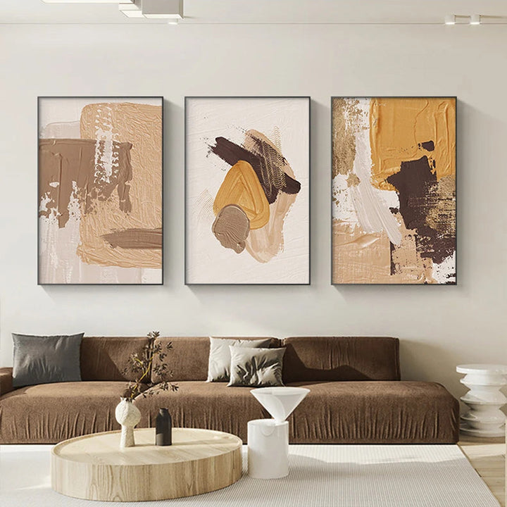 Elegant Earth Tones Abstract Brush Texture Wall Art Fine Art Canvas Prints Triple Harmony of Mustard Yellow, Brown, and Beige – Contemporary Wall Art for Modern Home Decor | Bowlift