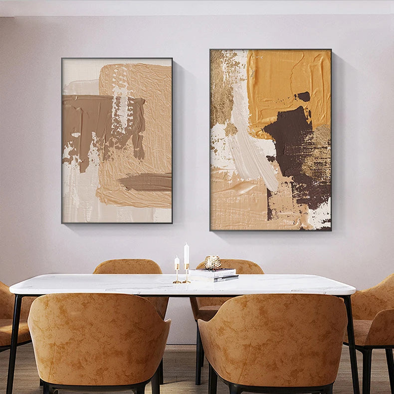 Elegant Earth Tones Abstract Brush Texture Wall Art Fine Art Canvas Prints Triple Harmony of Mustard Yellow, Brown, and Beige – Contemporary Wall Art for Modern Home Decor | Bowlift