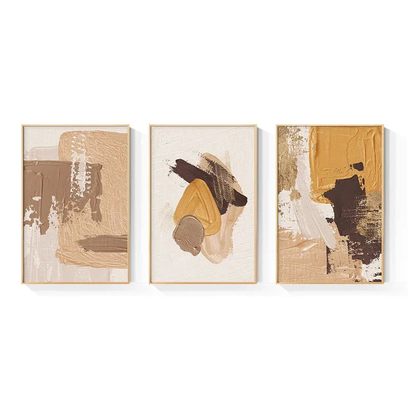 Elegant Earth Tones Abstract Brush Texture Wall Art Fine Art Canvas Prints Triple Harmony of Mustard Yellow, Brown, and Beige – Contemporary Wall Art for Modern Home Decor | Bowlift