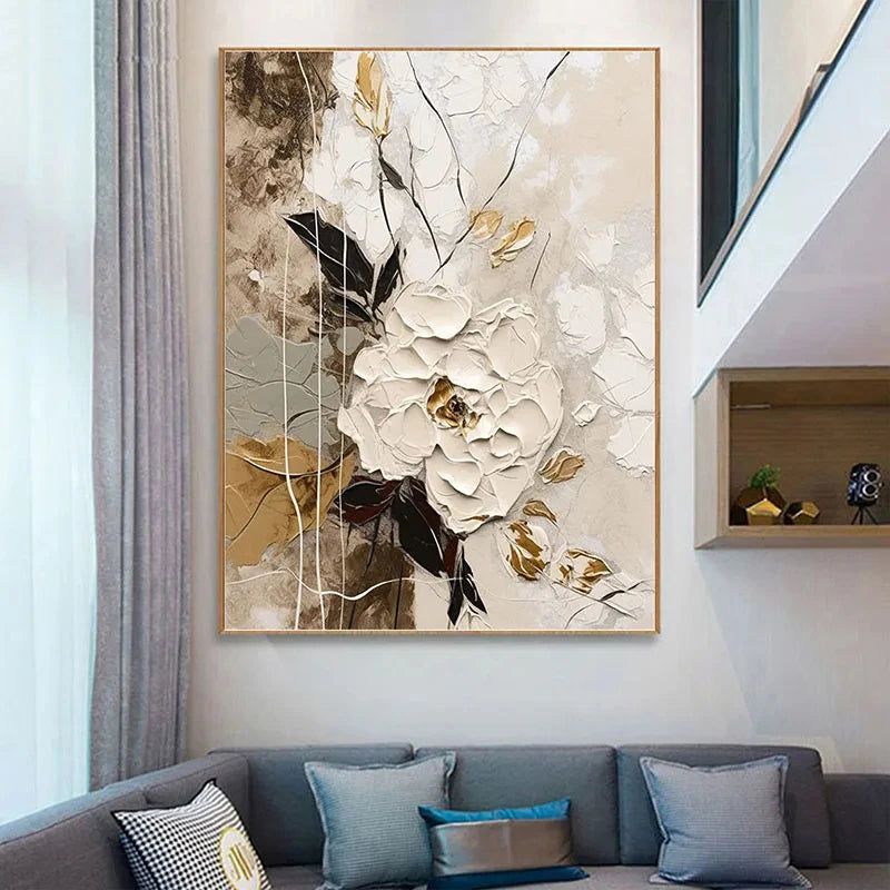 Elegant Blossoms With Gold Accents Wall Art Fine Art Canvas Prints Modern Abstract Botanical Picture For Living Room Entranceway Wall Decor | Bowlift