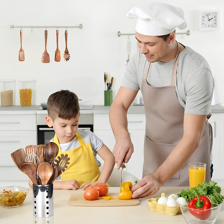BowLift | 11-Piece Kitchen Utensil Set Made of Teak – Including Holder – Natural Look for the Kitchen