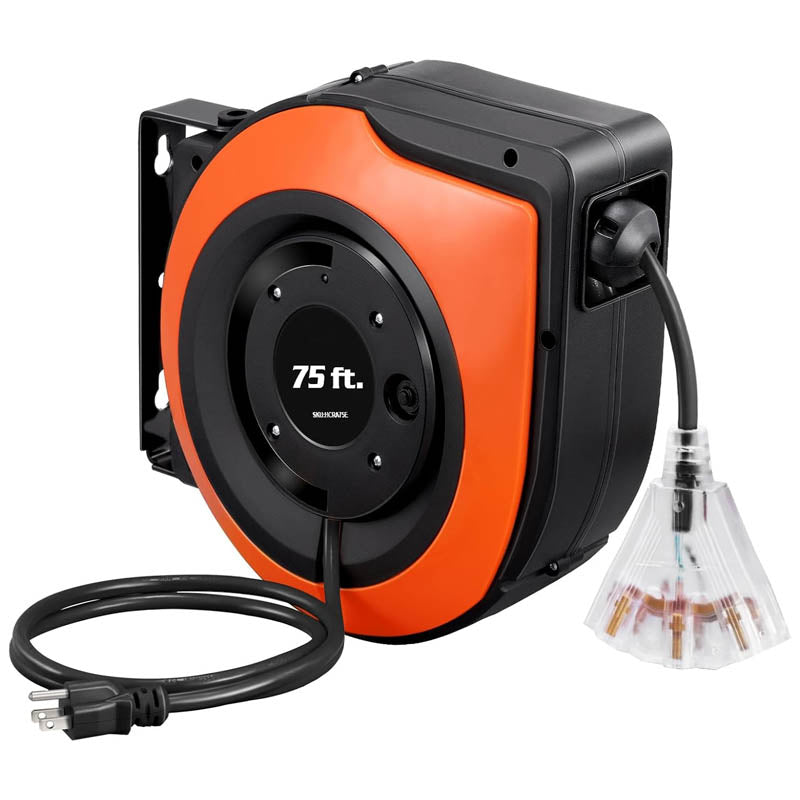 BowLift | Extension Cord Reels 75 FT Heavy Duty Power Cord 12AWG/3C SJTOW Lighted Triple Tap Outlets 10A Circuit Breaker