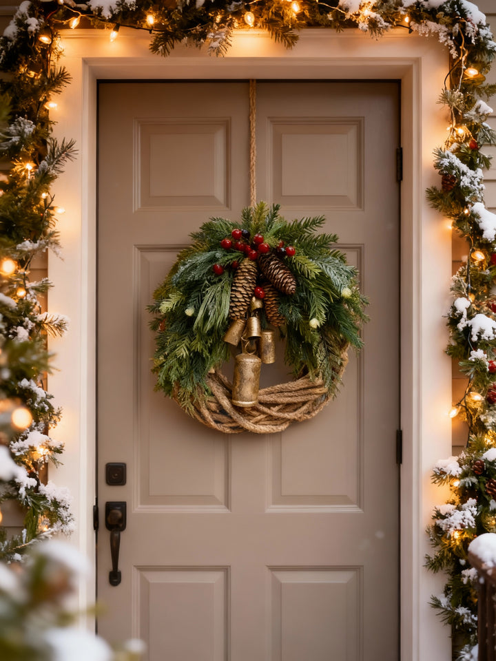 BowLift | Handmade Bohemian Winter Wreath | Bells, Pinecones & Berries | 43 cm | Indoor/Outdoor