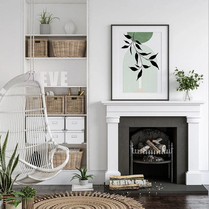 Set of 3Pcs Earth Green Minimalist Geometric Line Art Leaf Canvas Print Wall Art Pictures For Modern Living Room Decor | Bowlift