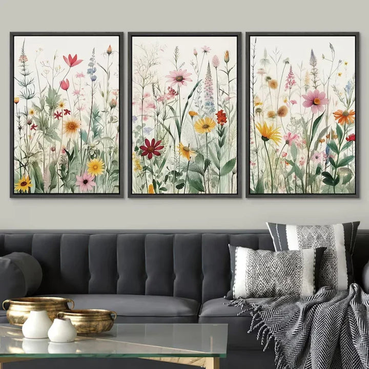 Set of 3Pcs Wild Meadow Flowers Wall Art Fine Art Canvas Prints Minimalist Botanical Prints Posters Pictures For Living Room Decor | Bowlift