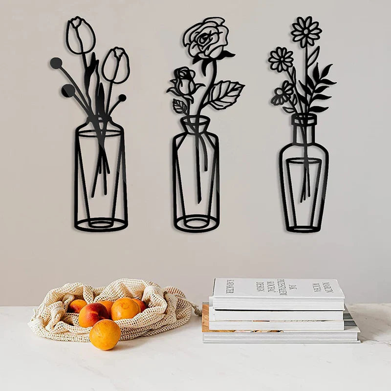 Flowers In A Vase Black Metal Wall Art 3D Sculptured Iron Art Wall Decorations For Living Room Dining Room Creative Nordic Home Decor | Bowlift