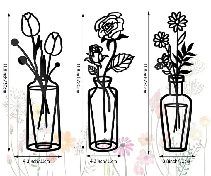 Flowers In A Vase Black Metal Wall Art 3D Sculptured Iron Art Wall Decorations For Living Room Dining Room Creative Nordic Home Decor | Bowlift