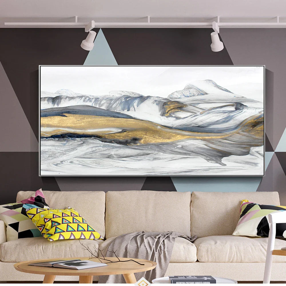 Flowing Abstract Golden Snow Mountain Landscape Wall Art Fine Art Canvas Prints Picture For Modern Living Room Art For Above The Sofa | Bowlift