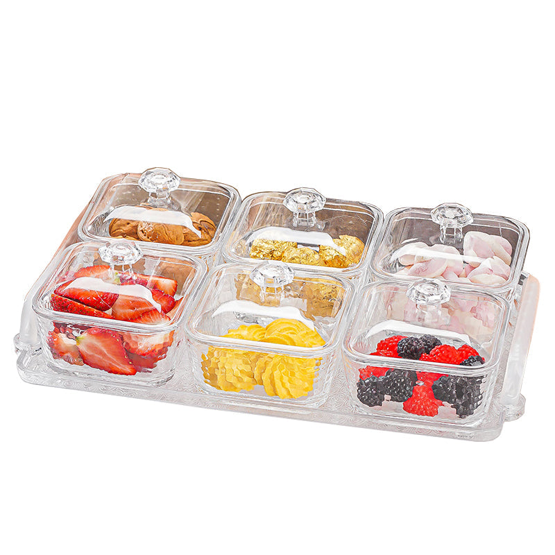 BowLift | Light Luxury Compartmented Fruit Plate, Lead-Free Glass Snack Plate, Small Square Bowl With Lid, Seven-Piece Gift Box Set