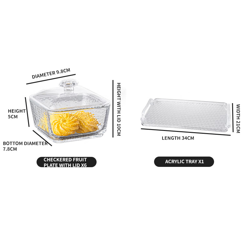 BowLift | Light Luxury Compartmented Fruit Plate, Lead-Free Glass Snack Plate, Small Square Bowl With Lid, Seven-Piece Gift Box Set