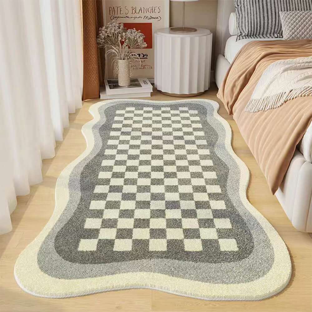 BowLift | Faux Cashmere Checkered Cozy Nightstand Rug Irregular Shape Rug