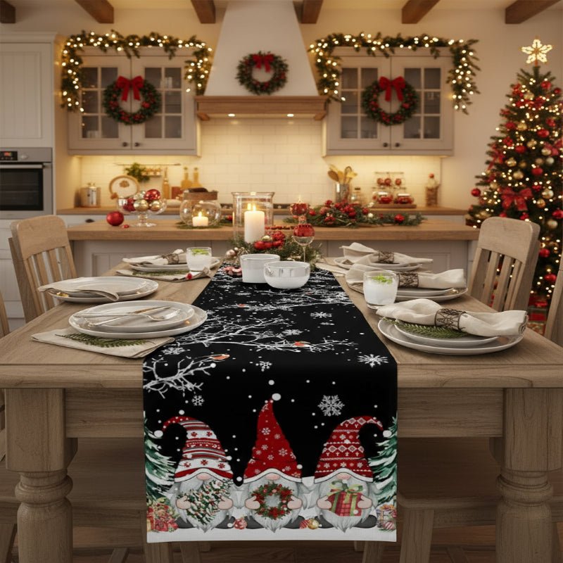 BowLift | Festive Linen Table Runner for Christmas with Snowflake and Gnome Motif