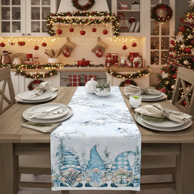 BowLift | Festive Linen Table Runner for Christmas with Snowflake and Gnome Motif