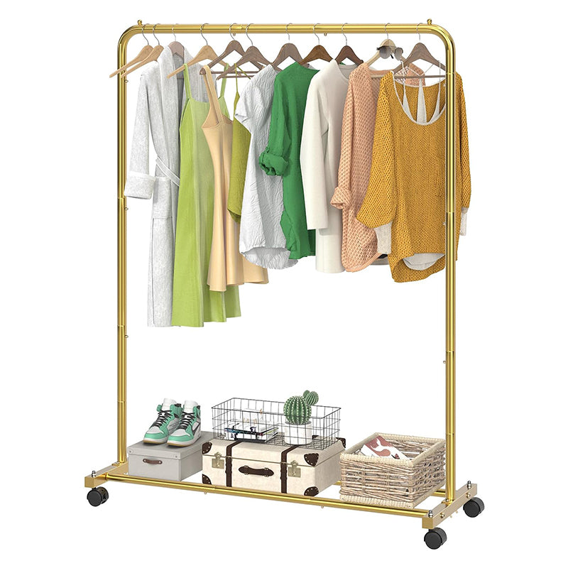 BowLift | Golden Yellow Clothing Garment Rack with Storage Shelves Clothes Organizer on Wheels for Hanging Clothes