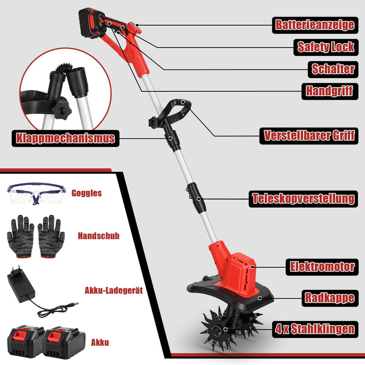 400W Battery Garden Tiller with 2 Batteries Portable | Bowlift