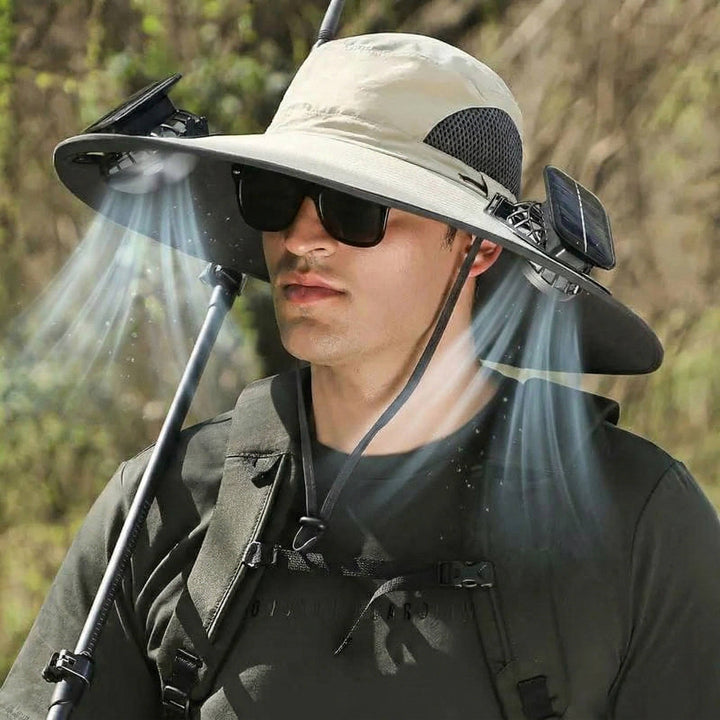 Outdoor Wide Brim Sun Hat with 2 Solar Fans, UV Protection for Men & Women, Cooling Hat for Camping & Hiking | Bowlift